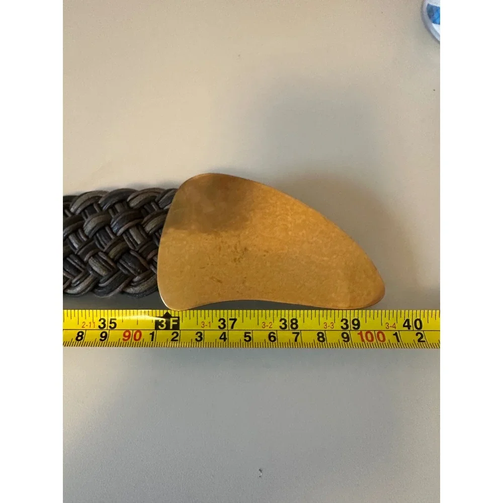 Woven Braided Wide Leather Belt with Gold Tone Sculptural Buckle